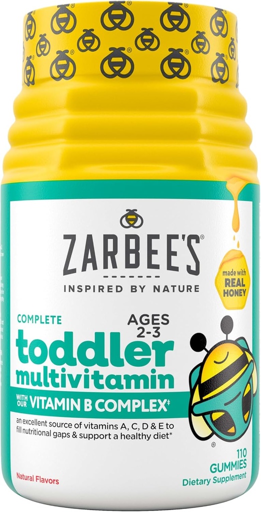 Zarbee's Toddler Vitamins, Complete Multivitamin with Vitamin A, C, D3 & B-complex, Easy to Chew, Gluten, Soy, Nut & Dairy Free, Natural Fruit Flavors, 2-3 Years, 110 Count
