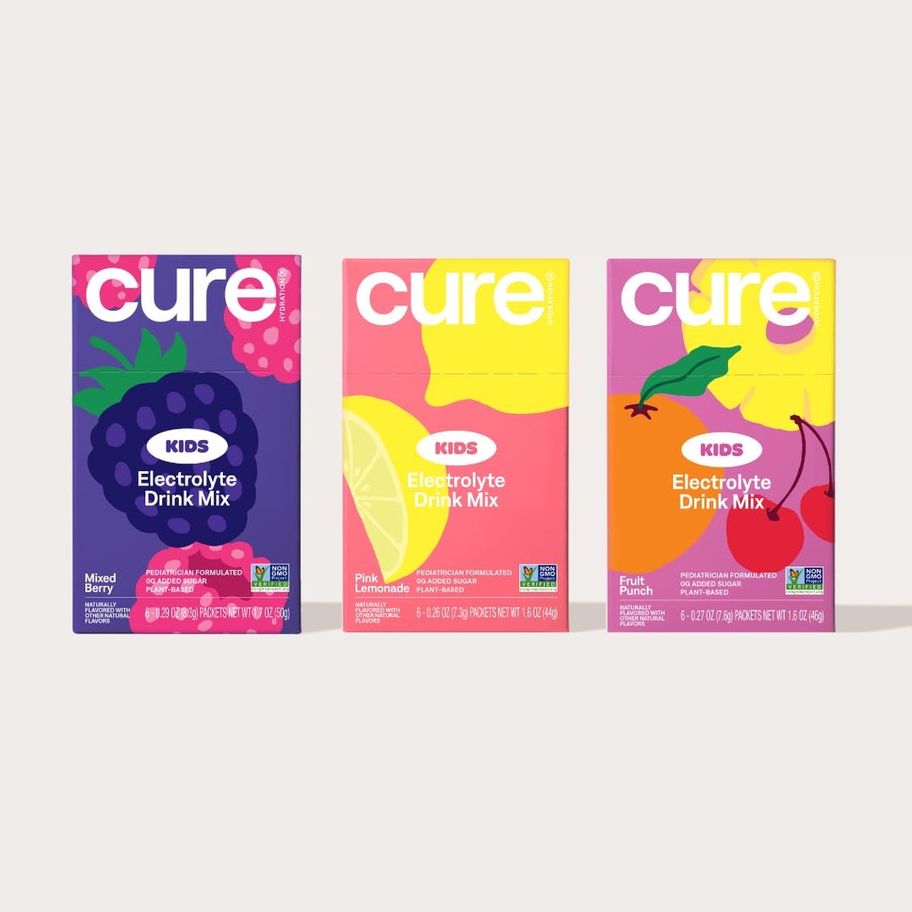 Cure Hydration - Kids Electrolyte Drink Mix | Plant-Based Pediatrician Formulated Rehydration Powder | No Added Sugar, Non-GMO, Gluten-Free | Pink Lemonade, Mixed Berry, Fruit Punch - Bundle