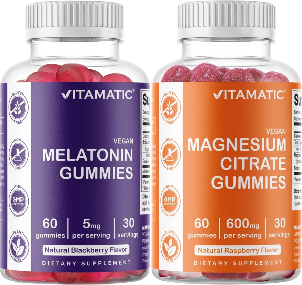 Vitamatic Magnesium Gummies & Melatonin Gummies Combo - 60 Count Each