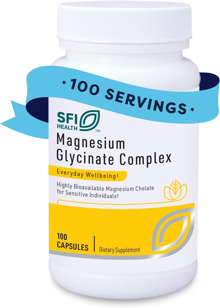 Klaire Labs SFI Health Magnesium Glycinate Complex - Chelated Magnesium Blend for Optimal Absorption - Supports Healthy Bones, Muscles & Energy Levels - Gentle on Digestion (100 Capsules)