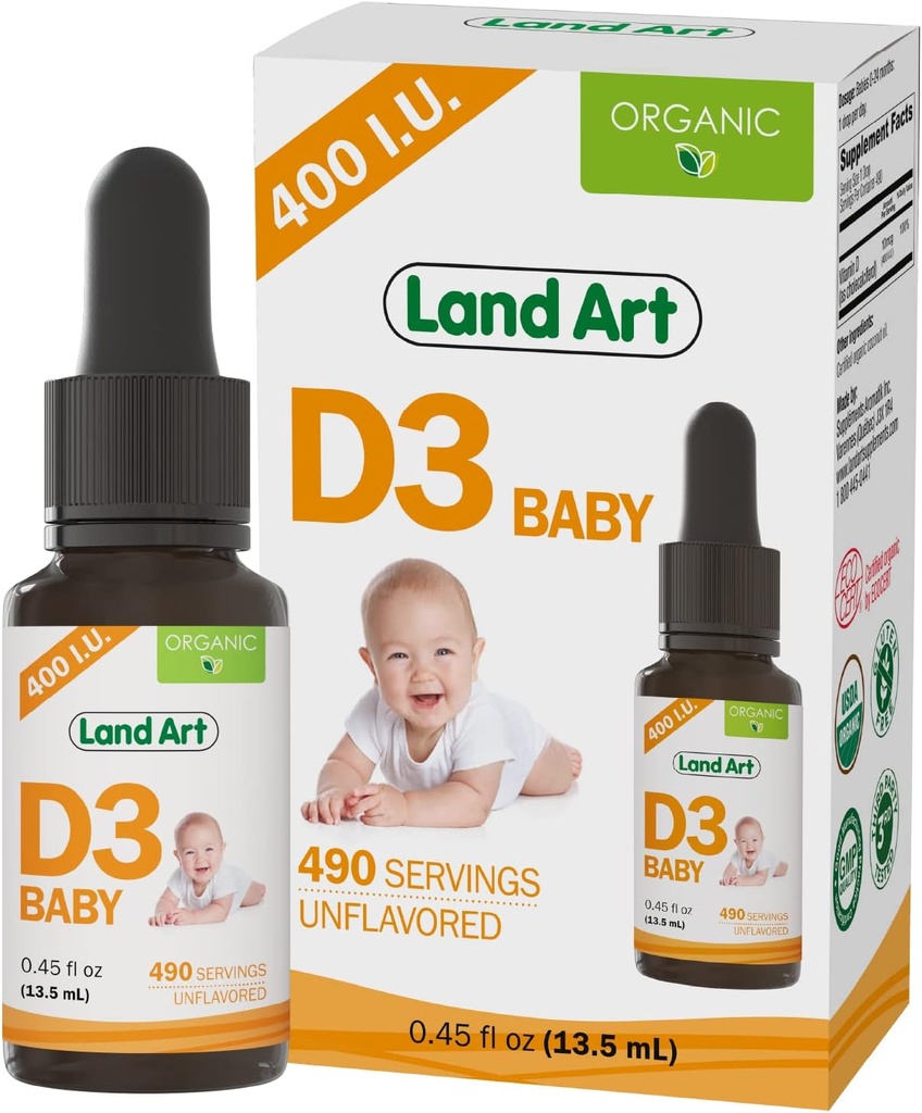 Land Art - Certified Organic Vitamin D3 Drops Baby – 400 IU per Drop – 490 Servings – Supports Bone & Teeth Development – Vitamin D Drops for Infants & Toddlers – GMO-Free - Gluten-Free – 0.45 fl oz