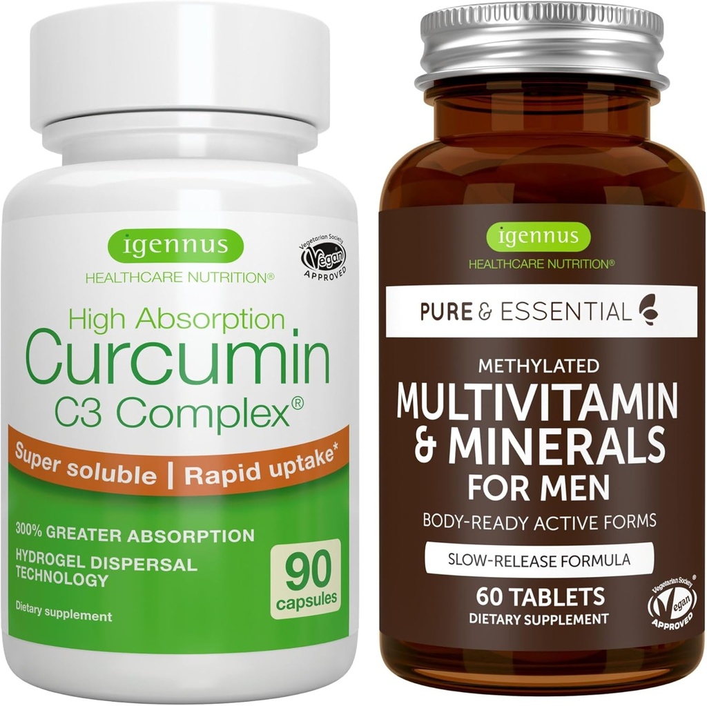 Multivitamin & Minerals for Men + High Absorption Curcumin C3 Complex, Vegan Bundle, Sustained Release Advanced Multivitamin + 300% Greater Absorption Curcuminoids with Rapid Uptake, by Igennus