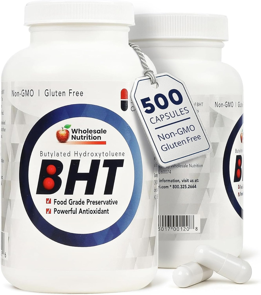 Wholesale Nutrition BHT Supplement Capsules - 250mg Potent Antioxidant - Non-GMO, Gluten-Free - Enhance Oil/Fat Preservation - Pure Butylated Hydroxytoluene for Foods/Oils - 500 Capsules