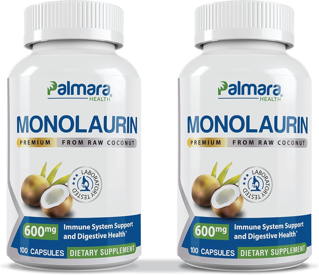 Palmara Health Premium Monolaurin 1,200mg per Serving (2 Pack (200 Capsules))