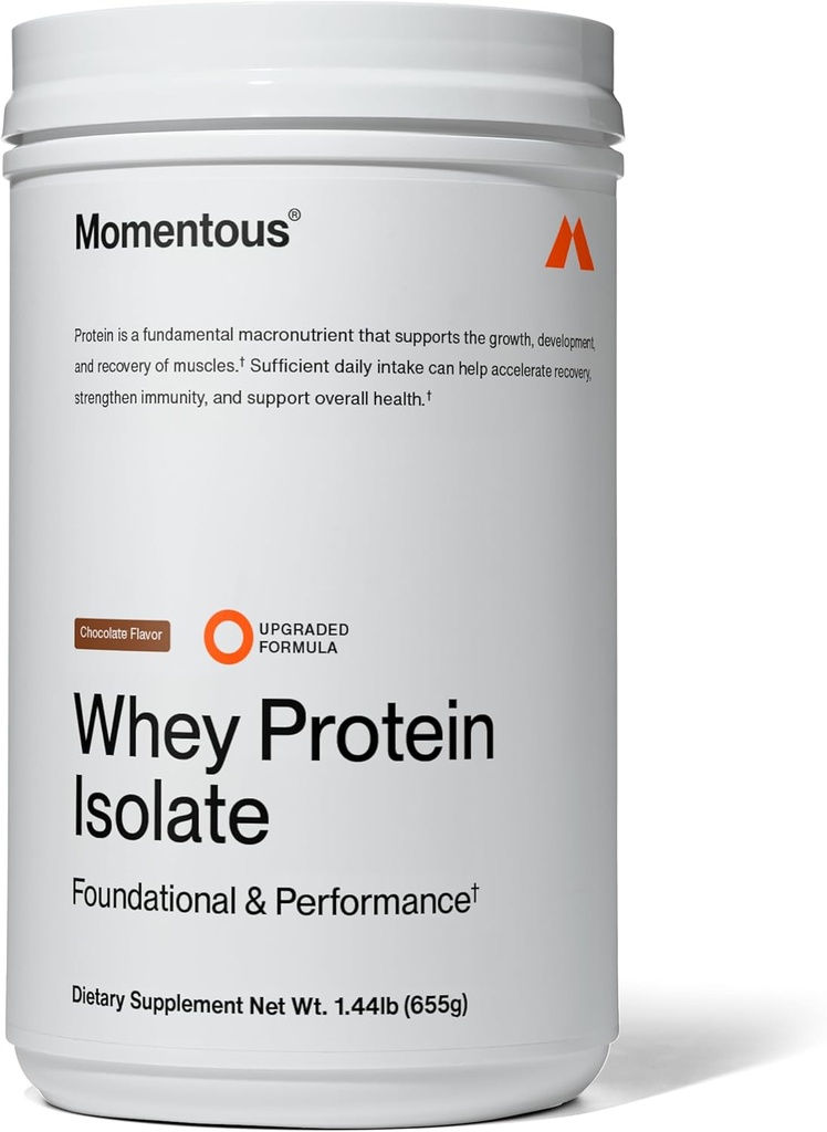Momentous Essential Grass-Fed Whey Protein Powder – 20 g Whey Isolate Protein – NSF Certified for Sport – Gluten-Free – 25 Servings for Essential Everyday Use – Chocolate – Net WT 1.44 LB (655 g)