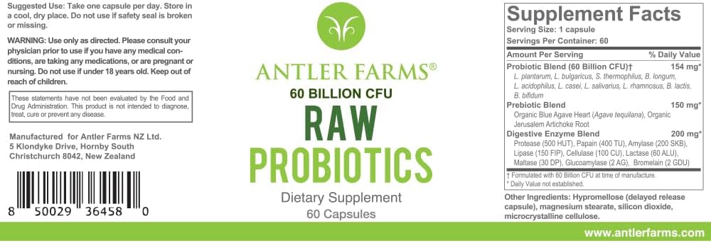 Antler Farms - Raw Probiotics for Digestive Health 60 Billion CFU, 60 Capsules - Prebiotics & Probiotics with Digestive Enzymes, 100% Vegan, Non-GMO, Shelf-Stable for Women & Men