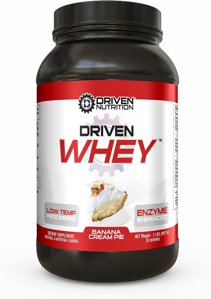 Driven WHEY- Grass Fed Whey Protein Powder: Delicious, Clean Protein Shake- Improve Muscle Recovery with 23 Grams of Protein with Added BCAA and Digestive Enzymes (2 lb, Banana Pie)
