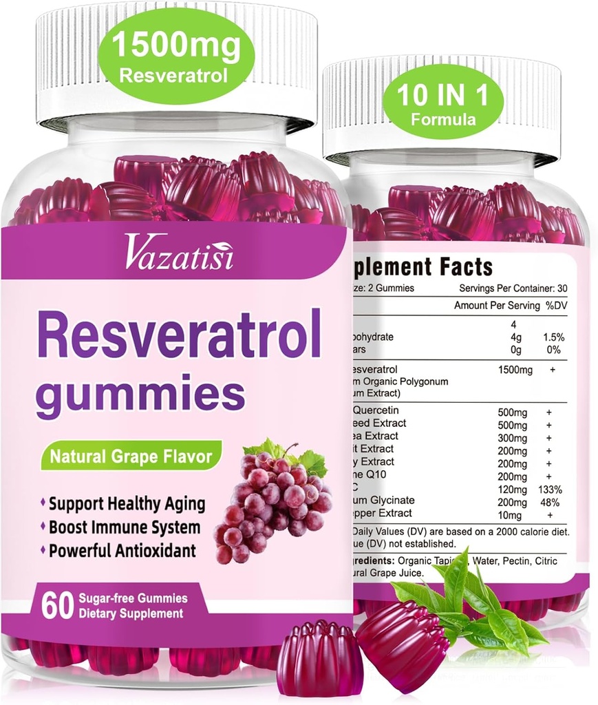 High Purity Resveratrol Gummies, 98% Trans-Resveratrol with Quercetin, Coq 10, Vitamin C, Reservatrol Supplement for Antioxidant, Anti-Aging, 120 Gummies