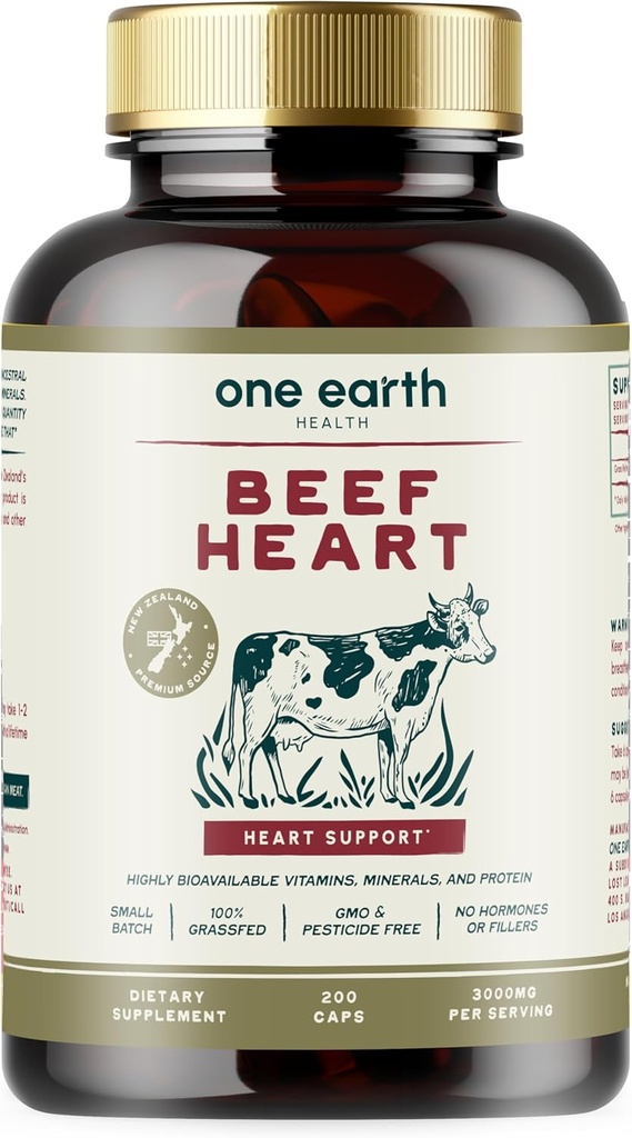One Earth Health Grass Fed Beef Heart - New Zealand Sourced Heart. 3,000mg per Serving, 200 Count