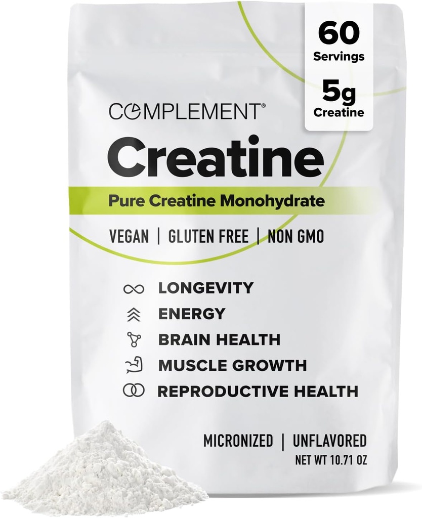 Complement Creatine Monohydrate Micronized Powder for Women and Men (5g, 60 Servings) Pre Workout, Post Workout, Muscle Recovery, Brain Health, Longevity- Vegan, Unflavored