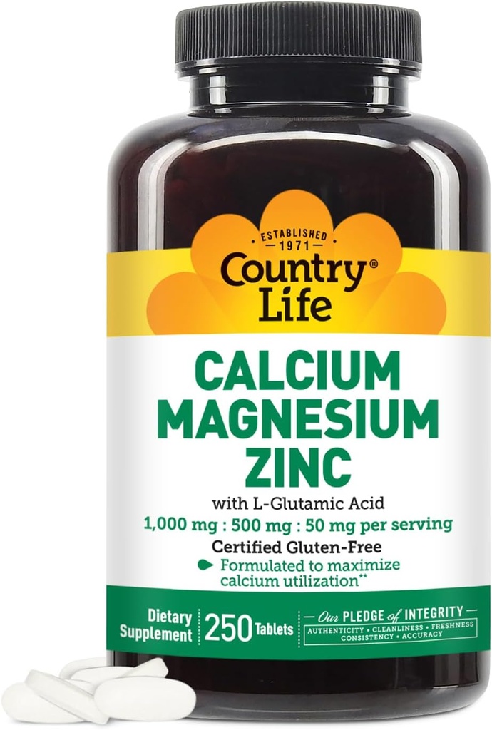 Country Life Calcium Magnesium Zinc with L-Glutamic Acid, Dietary Supplement for Bone Support, Certified Gluten Free, 1000mg/500mg/50mg, 250 Tablets