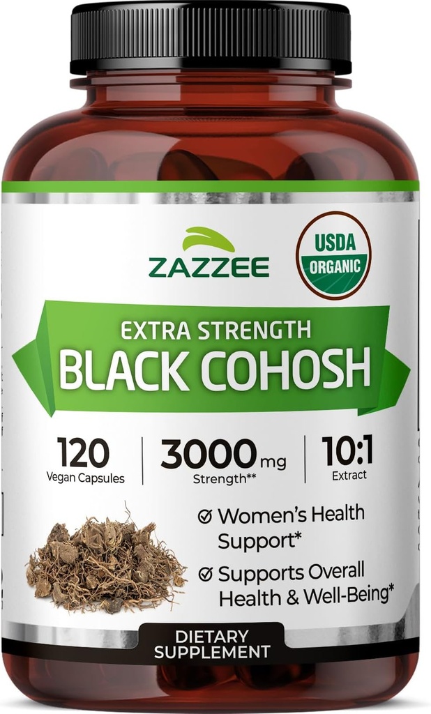 Zazzee USDA Organic Black Cohosh 10:1 Extract, 3000 mg Strength, 120 Vegan Capsules, 4 Month Supply, Standardized and Concentrated 10X Extract, 100% Vegetarian, All-Natural, Non-GMO, Made in The USA