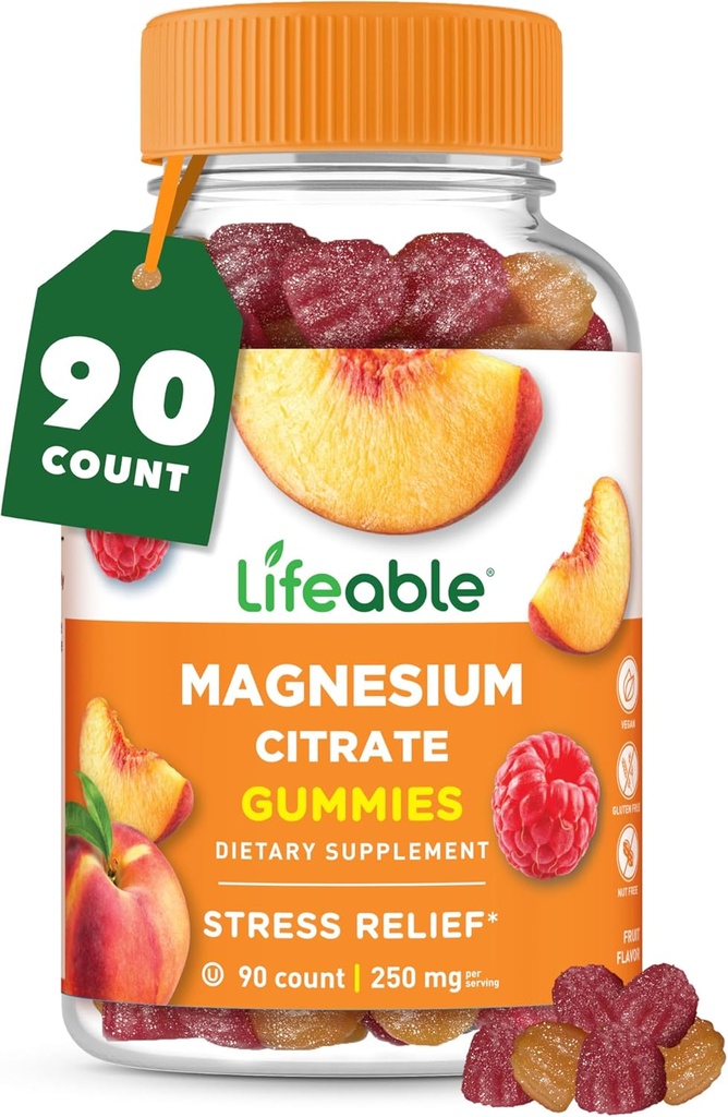 Magnesium Citrate Gummies | 250mg Elemental Magnesium from 2,130mg Magnesium Citrate | Great Tasting Magnesium Supplement | Stress Relief Support for Adults | 90 Magnesium Gummies | Lifeable