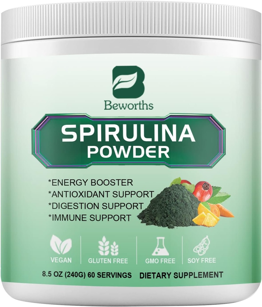 Organic Spirulina Powder, Super Green Powder Juice & Smoothie Mix with Spirulina, Chlorella, Wheat Grass, Digestive Enzymes & Probiotics for Immune Support, Digestion Health -Vegan