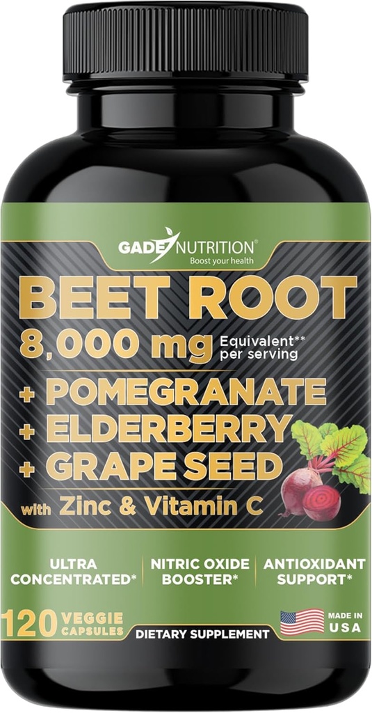Gade Nutrition Beet Root Capsules Concentrated | Extra Strength Beetroot Extract Formula | Elderberry with Vitamin C and Zinc, Pomegranate, Grape Seed |Made in USA