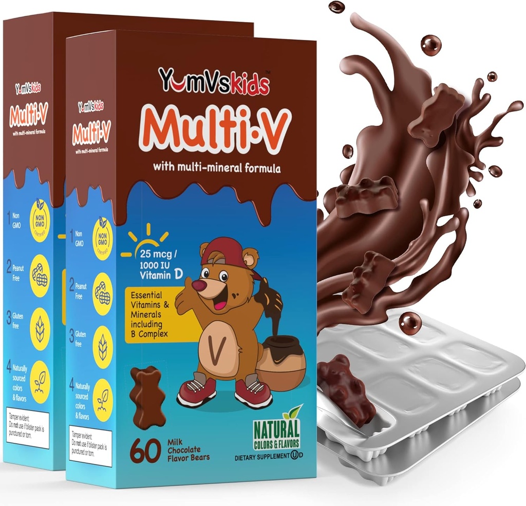 YUM-V'S - Kids Multivitamin Chewable Chocolate Bears - Multivitamin for Kids Supplement - 16 Vitamins & Minerals - Vitamins Including D, Zinc, C, B Complex & More, 60 Count (Pack of 2)