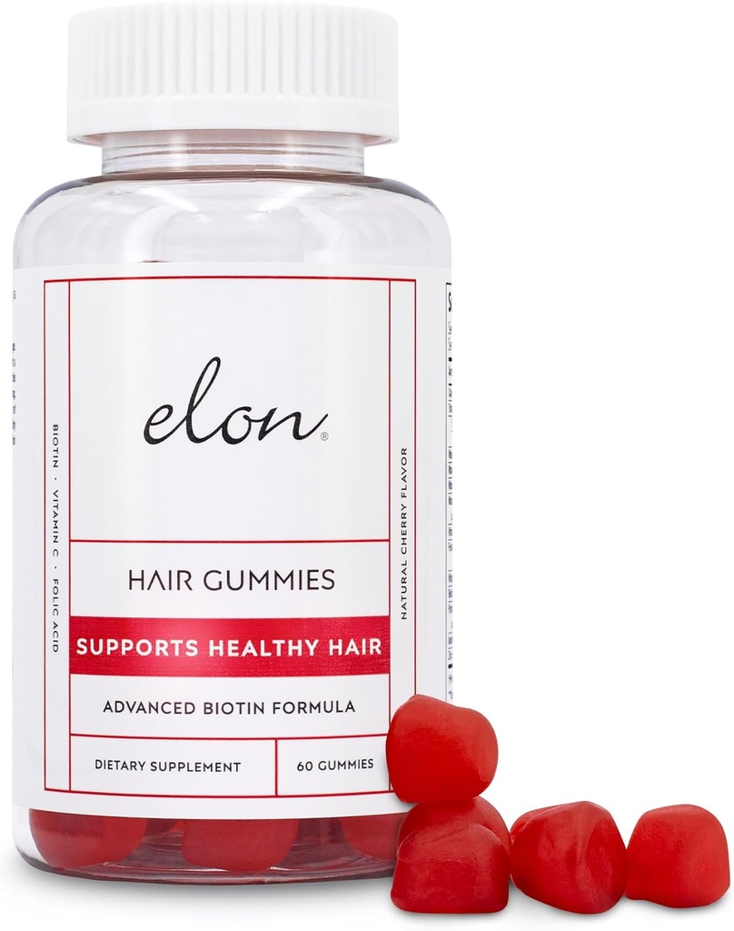 Elon Biotin Gummies for Hair Growth – 60 Count Biotin 5000mcg Per Serving for Hair, Skin and Nails – Vitamin A, Folic Acid, & Vitamin E - Pectin Cherry Flavored Gummies (30 Day Supply)