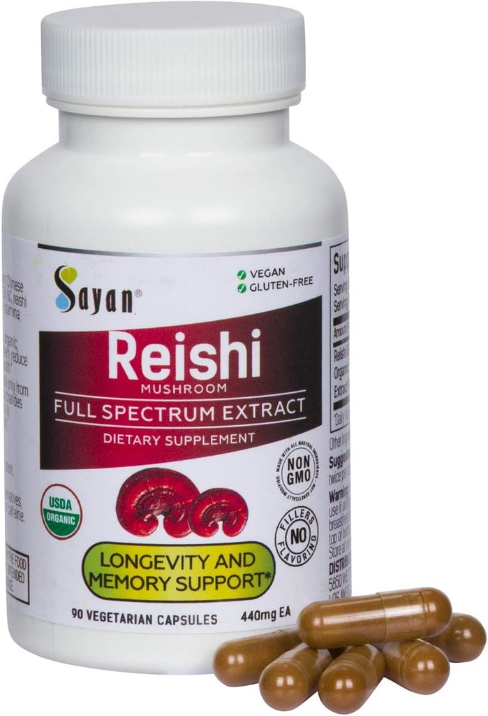 Sayan Reishi Mushroom Extract 90 Capsules/440mg Each – Longevity, Vitality, Wellness & Immune Support Supplement – USDA Organic & Vegan – Non-GMO, No Fillers, or Additives – Always Pure and Potent