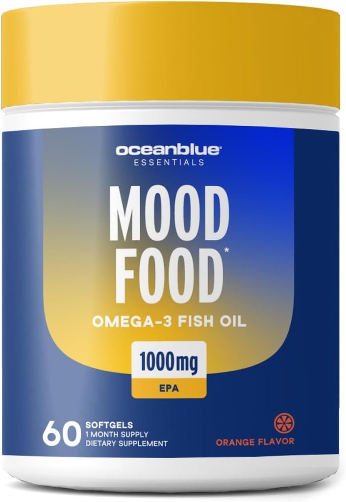 Oceanblue Essentials Mood Food Omega-3 | Triple Strength Fish Oil 1000mg EPA for Mood Support | Burpless Mini Softgels | Heart Health, Non-GMO (60 Count)