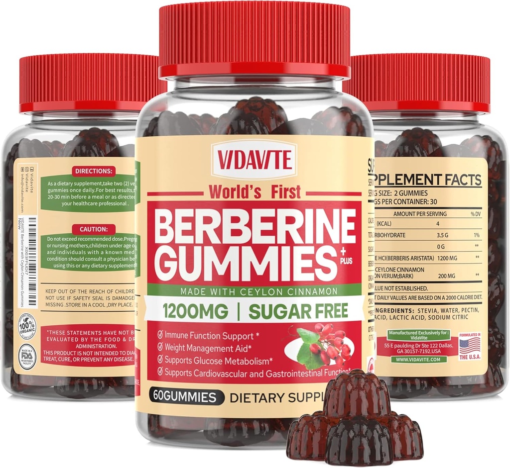 Berberine with Ceylon Cinnamon Gummies — Sugar-free, 98% Pure & 10x Absorption — 1200mg HCL Organic Berberine Supplement for Weight Management, Immunity, Metabolic & Digestive Health(30 Days)