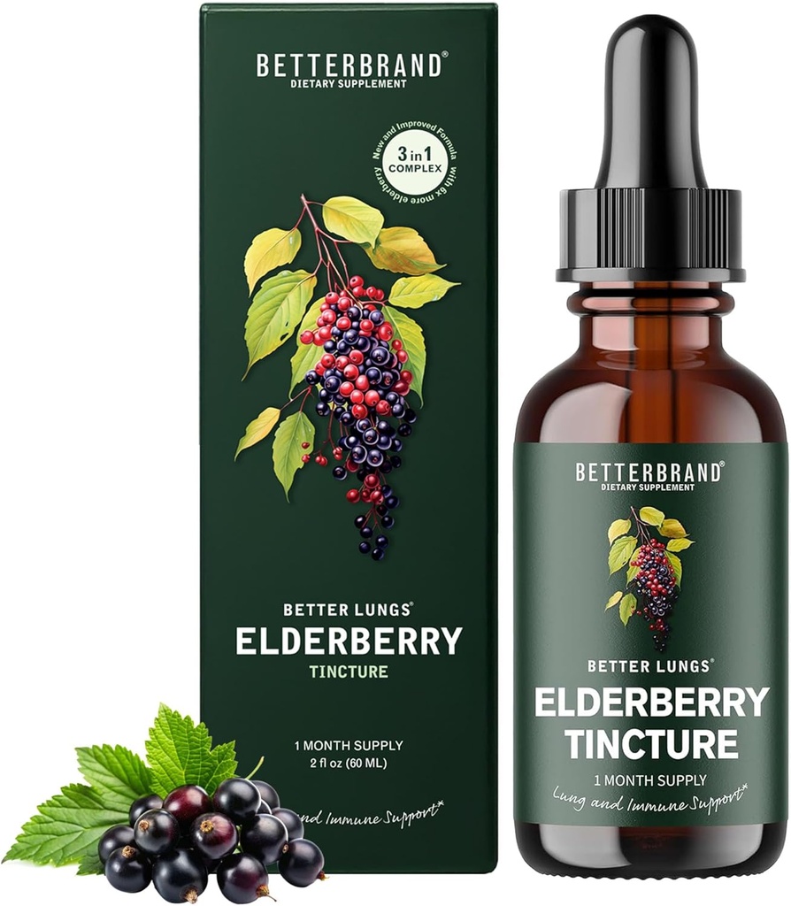 Betterbrand BetterLungs Elderberry Tincture, Natural Immune Support Supplement - Sugar-Free, Non-GMO, Alcohol Free, Vegetarian - 30 Day Supply