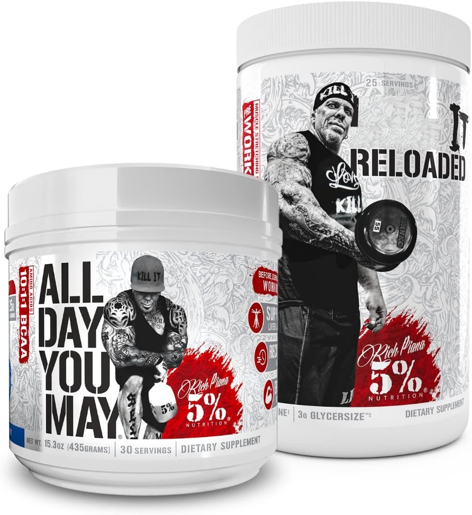 5% Nutrition Rich Piana Bundle | AllDayYouMay BCAA Powder + Kill It Reloaded High-Stim Pre-Workout (Blue Raspberry)