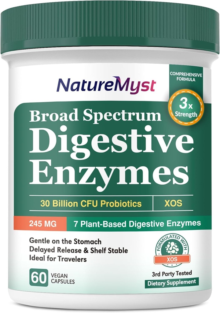 Digestive Enzymes, 7 Plant-Based Enzymes, 245 mg, 30 Billion CFU Probiotics, 13 Strains, Prebiotic XOS, Gentle, Digestive Health, Shelf Stable, 60 Vegan Caps