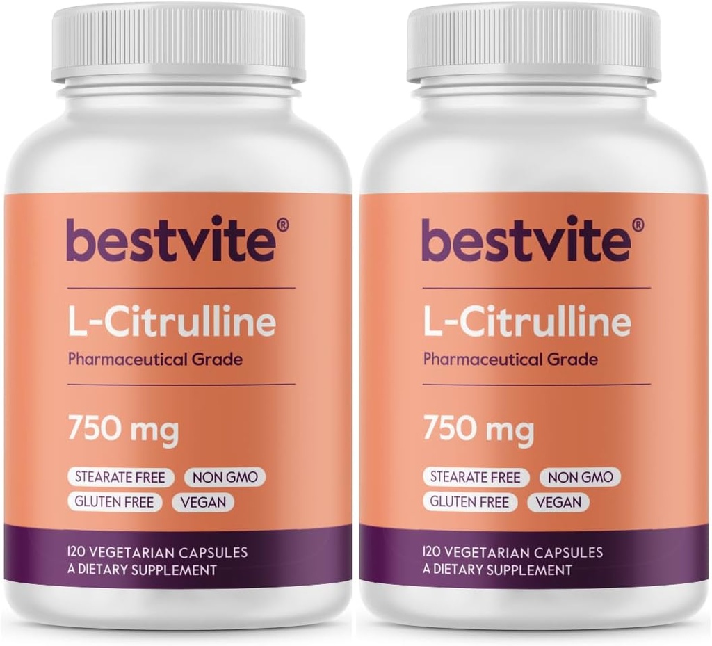 BESTVITE L-Citrulline 750mg per Capsule (240 Vegetarian Capsules) (120 x 2) - No Stearates - No Silica - No Fillers - Non GMO - Gluten Free - Vegan