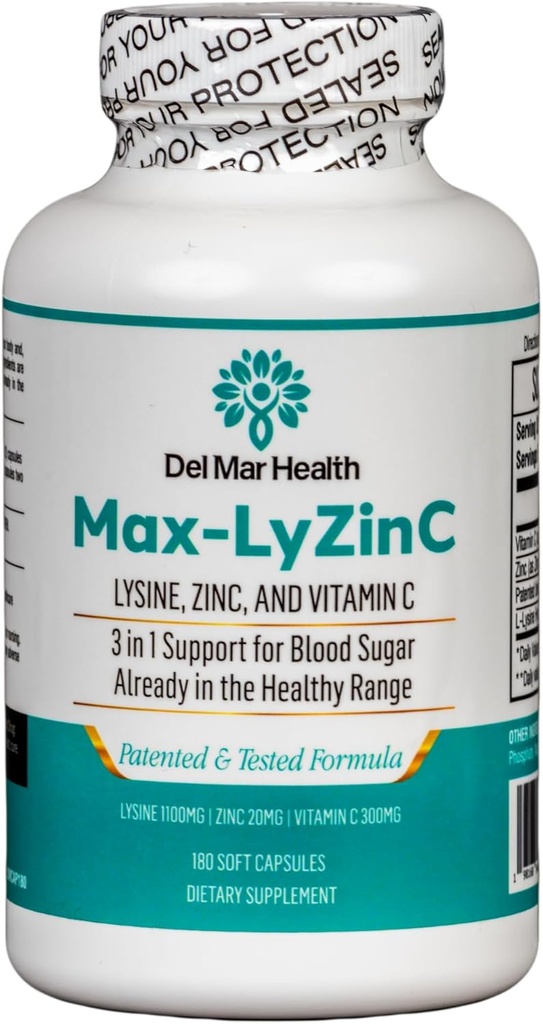 Max-LyZinC: L-Lysine 1100mg + Zinc 6 mg + Vitamin C 100 mg - 3-in-1 Supplement for Maintaining Blood Sugar Already in The Healthy Range - 180 Capsules / 30-Day Supply