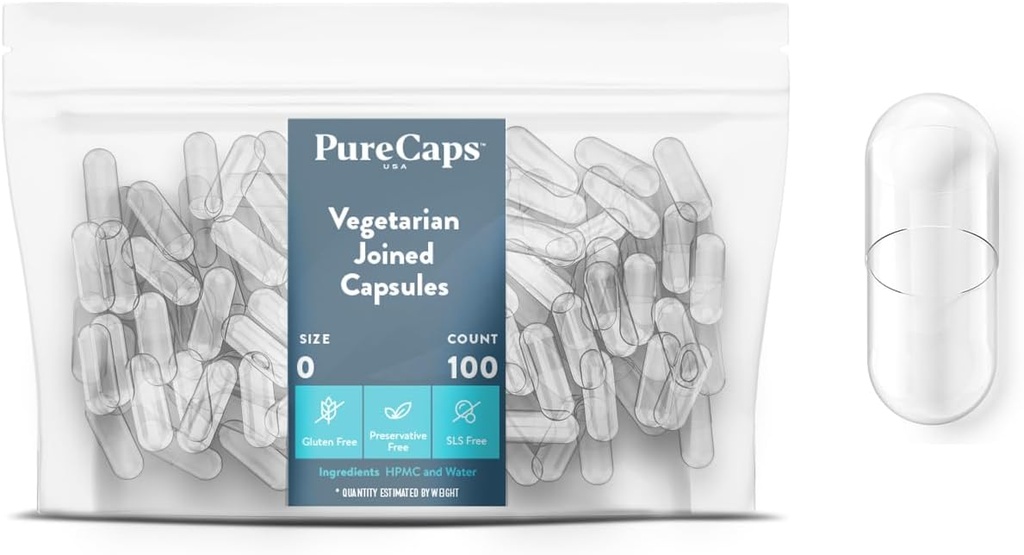 PureCaps USA - Empty Vegetarian Vegan Delayed Release Pill Capsules Size 0| 100 Joined Pills |Clear| Non-GMO Certified | SLS, Gluten, Preservative Free