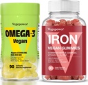 Vegan Iron Gummies + Vegan Omega-3 | Iron Supplement Support Blood Healthy & Daily Energy for Adults & Kids | Algae Omega-3 DHA Supplements for Brain, Heart Eyes Health- 90 Count