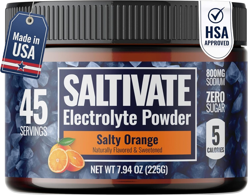 High Sodium Electrolytes | HSA FSA | Salty Orange Hydration with Stevia | Electrolyte Powder for Fasting, POTS, Sweat Recovery | Made in USA | Makes 45 Servings of 32 Fl Oz