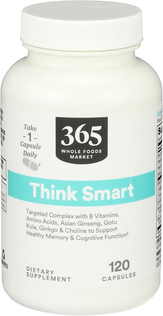 365 by Whole Foods Market, Think Smart with B Vitamins, Amino Acids, Ginkgo, Asian Ginseng, Gotu Kola, & Choline, 120 Capsules