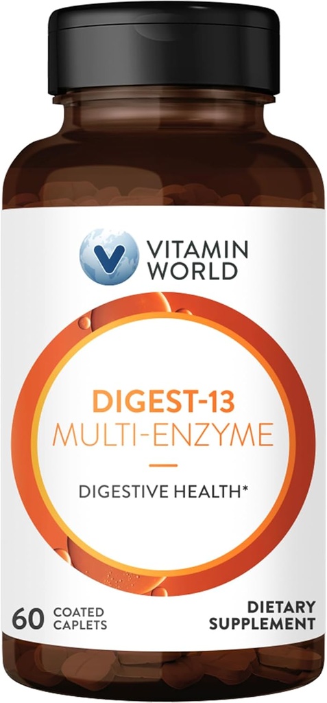 Vitamin World Digest-13 Multi-Enzyme, 1010mg Digestive Enzymes Blend with Amylase, Bromelain, Papain & Lipase for Digestion and Absorption, Digestive Enzymes for Bloating & Gas, 60 Caplets