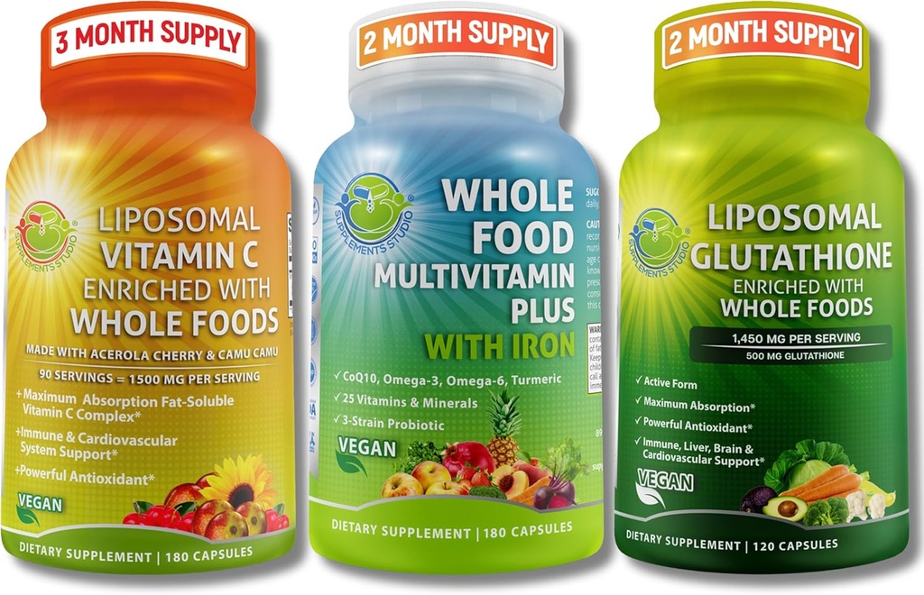 Antioxidant & Immune Support Bundle with Organic Whole Foods – Vegan Whole Food Multivitamin with Iron + Liposomal Vitamin C 1500mg & Liposomal Glutathione 500mg – Vegan, Clean Daily Wellness Support