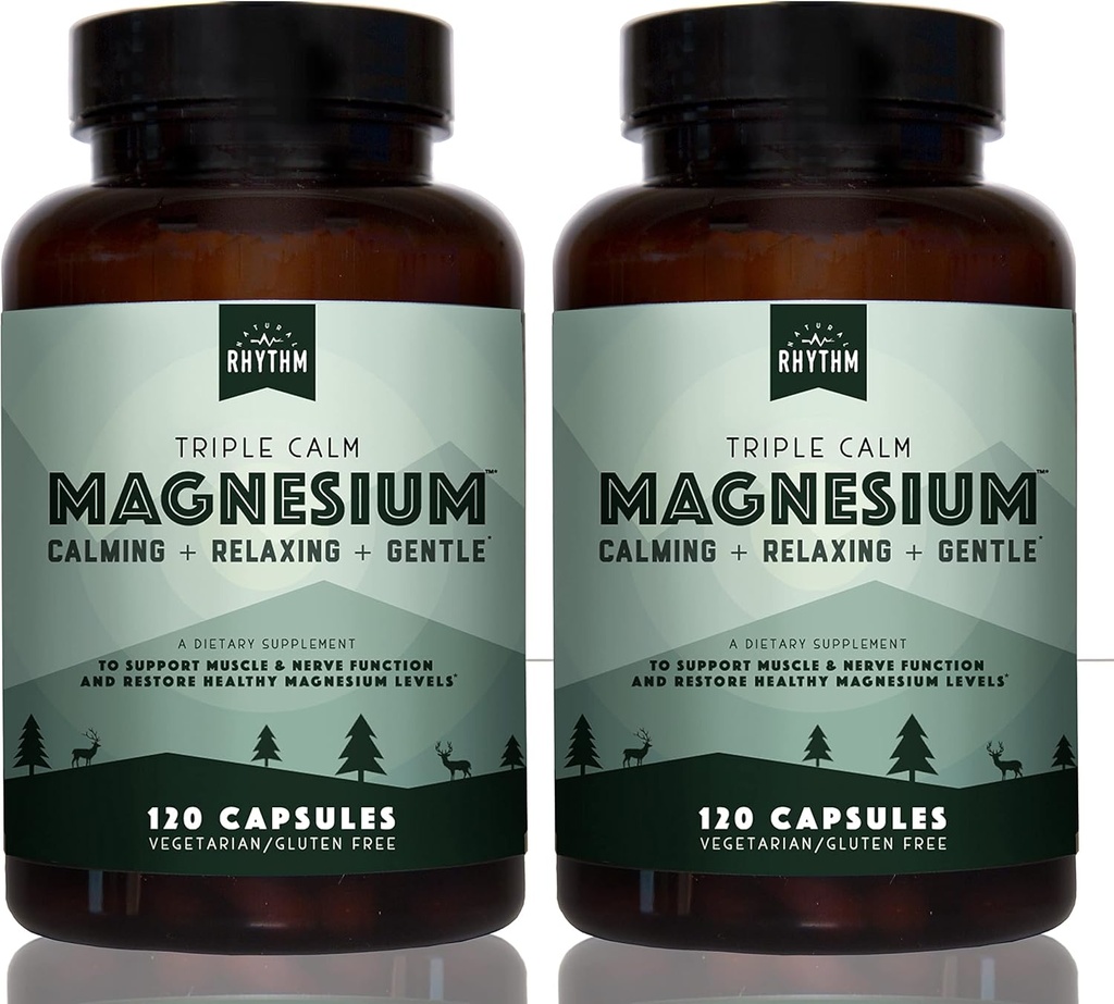 Natural Rhythm Triple Calm Magnesium 150 mg - 2 Pack – Magnesium Supplement with Magnesium Glycinate, Malate, and Taurate. Calming Blend for Promoting Rest and Relaxation - 120 Count Bottles