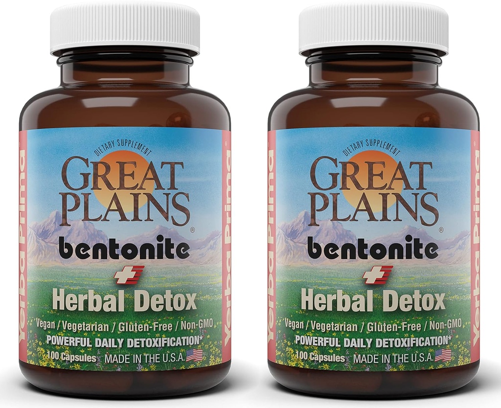 Yerba Prima Great Plains Bentonite Clay Caps Plus Herbal Detox (Pack of 2) - Food Grade - Liver & Colon Cleanse Supplement Capsules