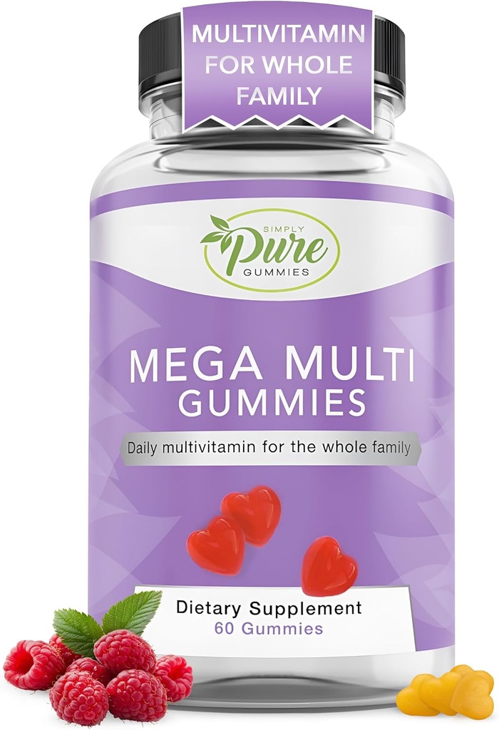 Pure By Nature Mega Multi Gummies, Multivitamin Gummies for Women & Men, Kids Multivitamin Gummies with A, D2, C, E, K, Biotin, Folic Acid, Natural Flavored, 60 Count