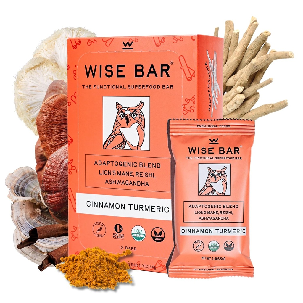 WISE BAR Adaptogen Mushroom Nutrition Bars with Reishi, Lions Mane & Ashwagandha, Organic Vegan & Gluten Free Snacks for Natural Focus, Energy & Immunity Support, Cinnamon Turmeric Flavor, 12 Count