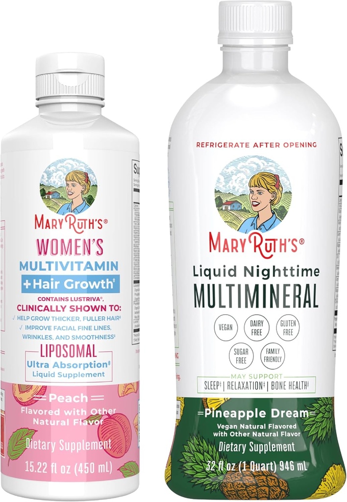 MaryRuth's Women's Multivitamin + Hair Growth Liposomal (Peach) & Liquid Nighttime Multimineral (Pineapple) | Clean Label Project Verified® | Vegan | Beauty, Bedtime Routine & Overall Health