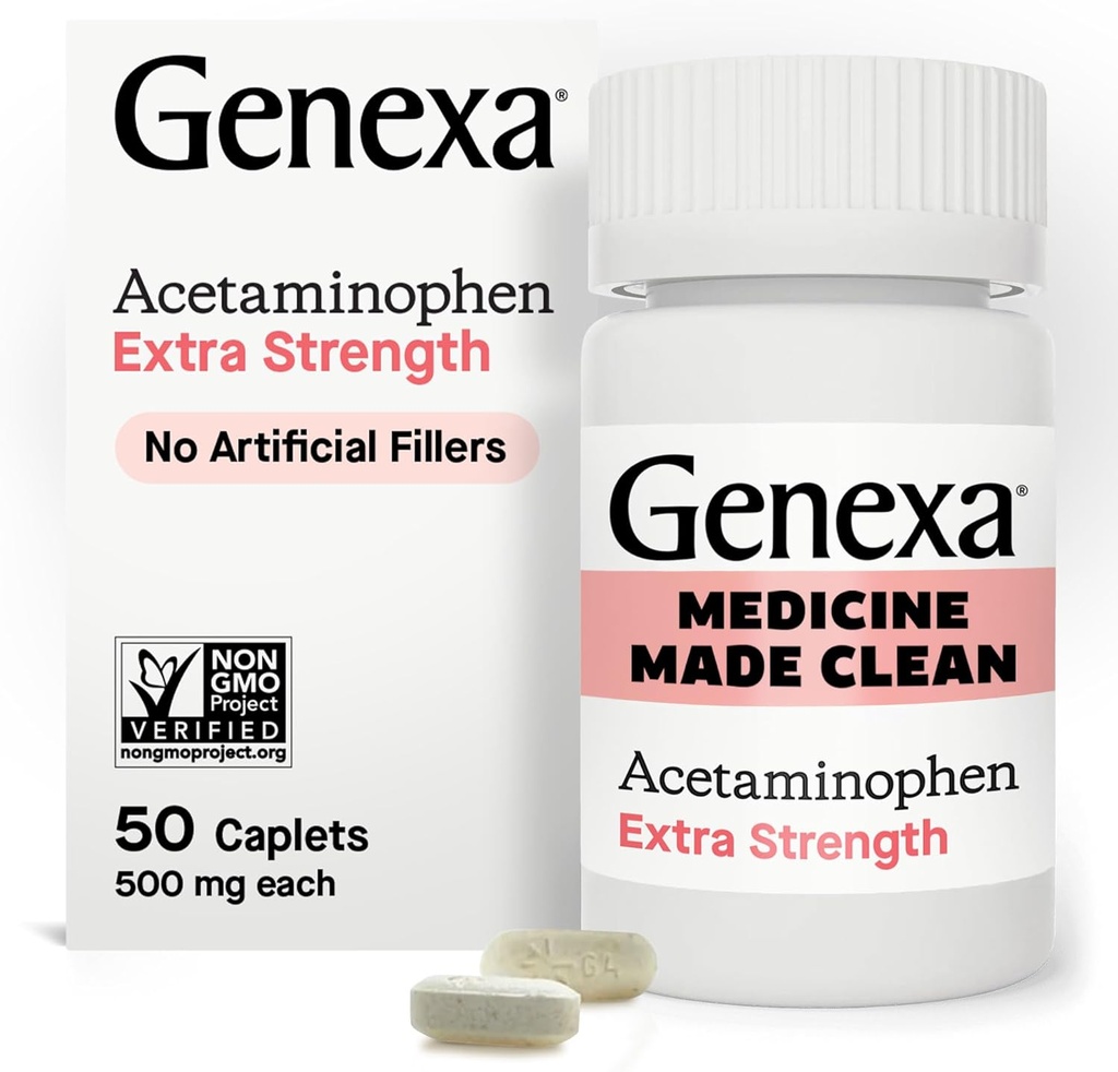 Genexa Clean Acetaminophen 500mg Extra Strength, Dye Free Pain Reliever Fever Reducer, 0% Artificial Additives, Pain Medicine for Adults, Relieves Headache, Backache, Minor Arthritis Pain, 50 Tablets