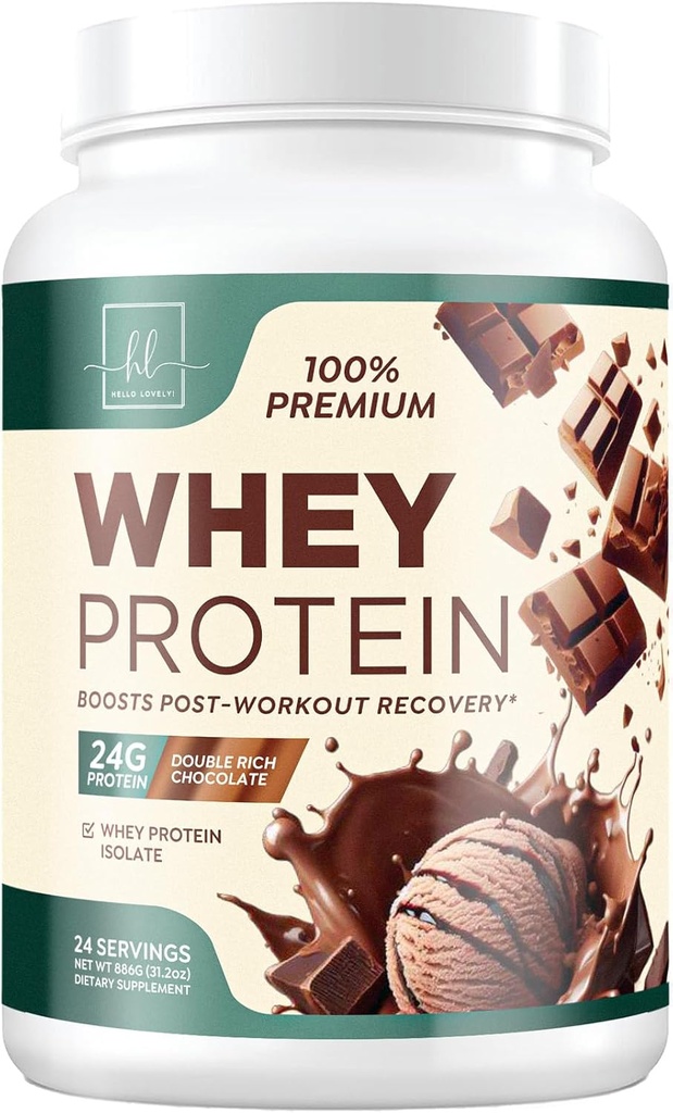 Whey Protein Powder Chocolate 24g - Grass-Fed Whey Isolate & Concentrate + BCAAs - Support Muscle Growth, Recovery & Fitness - Gluten Free, Fast Absorbing, Easy to Digest for Women & Men - 24 Servings
