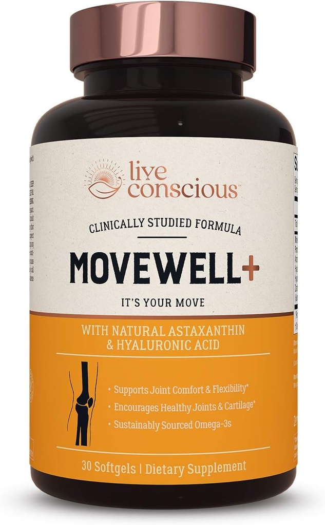Live Conscious Joint Health Supplement - MoveWell Plus Antarctic Krill Oil, Natural Astaxanthin and Hyaluronic Acid | Outperforms Glucosamine