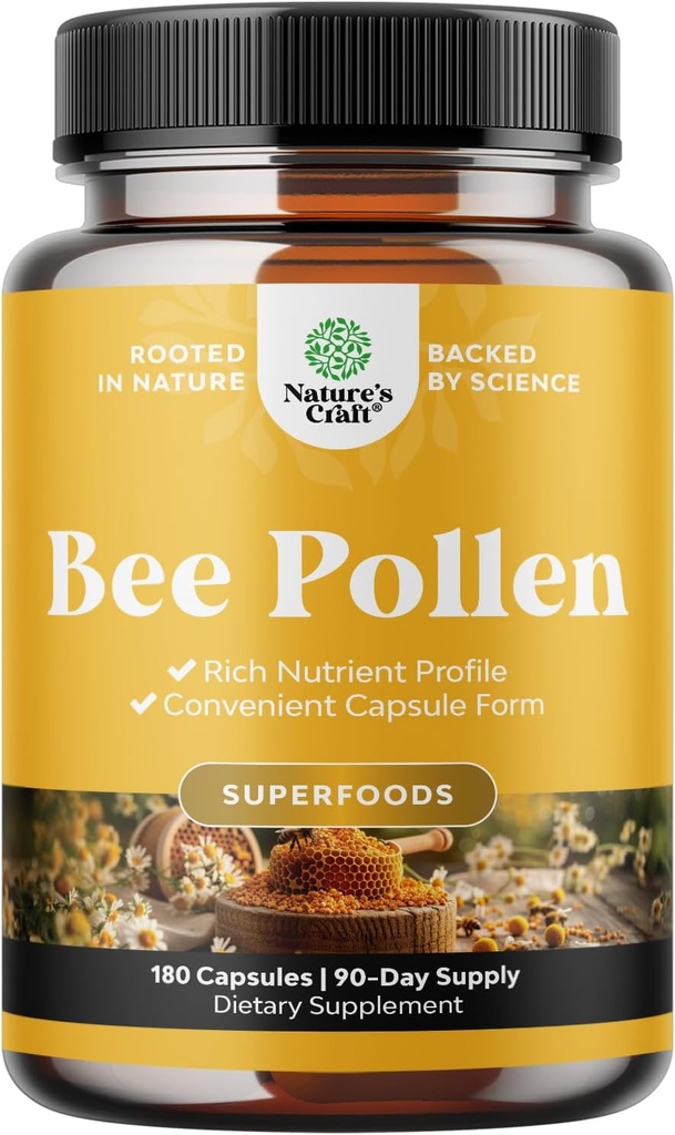 Bee Pollen Pills for Breast Growth 180 Ct - Bee Pollen Supplement 1000mg Serving with Naturally Occurring B Vitamins Minerals & Enzymes - Breast Support Supplement - Vegetarian Non-GMO & Gluten Free