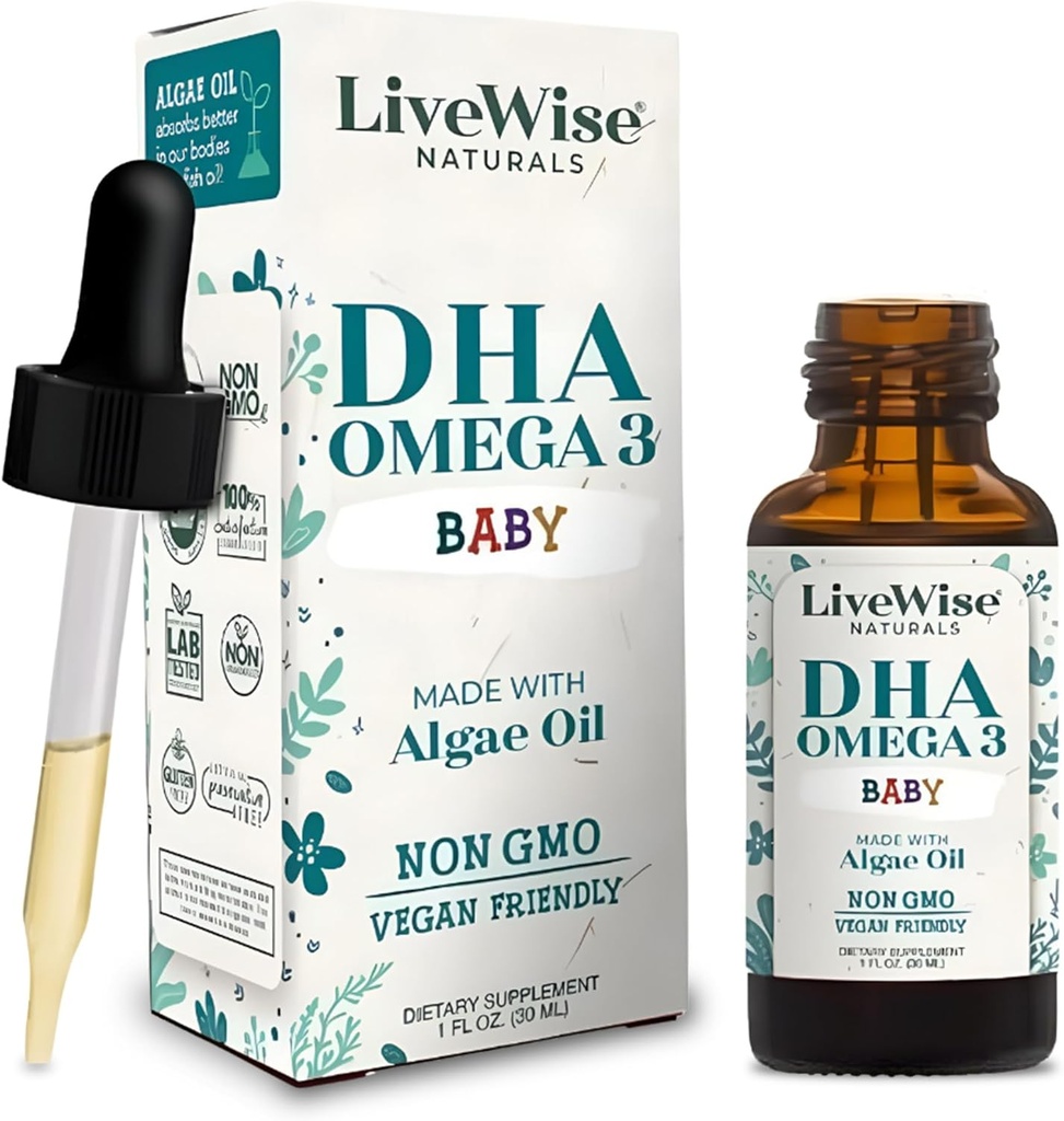 LiveWise Naturals DHA Omega 3 Drops for Kids - Vegan Liquid Omega 3 for Infants, Toddlers & Children - Essential DHA Supplement for Baby Brain, Eye & Immune Health