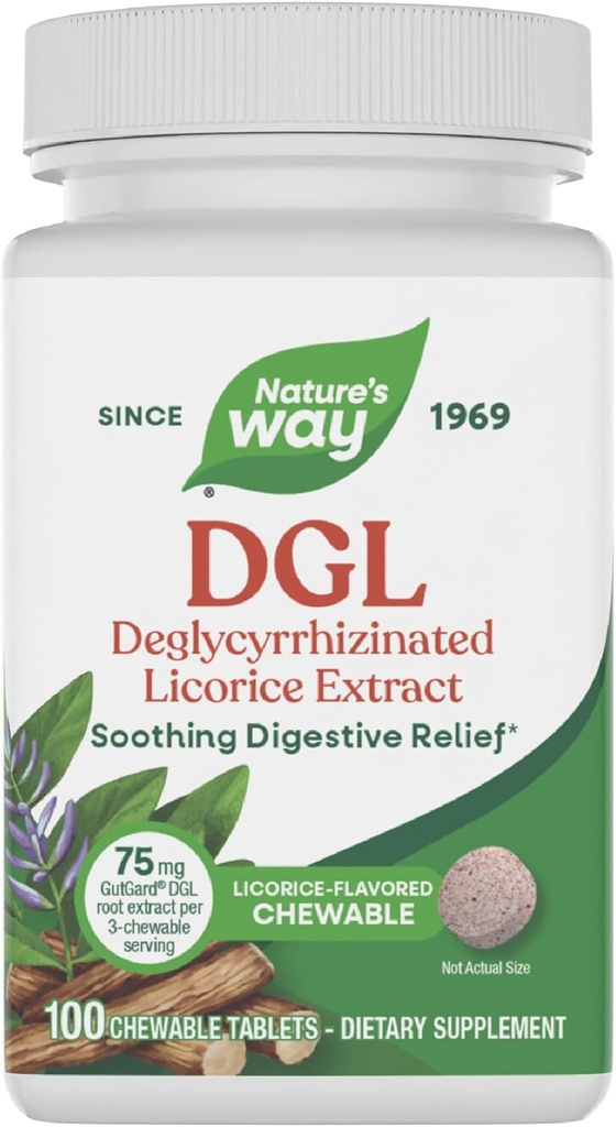 Nature's Way DGL Chewable Tablets, Soothing Digestive Relief*, For Occasional Stomach Upset*, Deglycyrrhizinated Licorice Extract, Gluten Free, Licorice Flavored, 100 Tablets (Packaging May Vary)