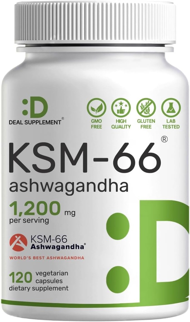 KSM 66 Ashwagandha 1,200mg with Black Pepper, 120 Veggie Capsules – Extra Strength Root Extract – High Absorption – Adaptogenic Supplements for Relaxation, Energy, & Brain Health – Non-GMO