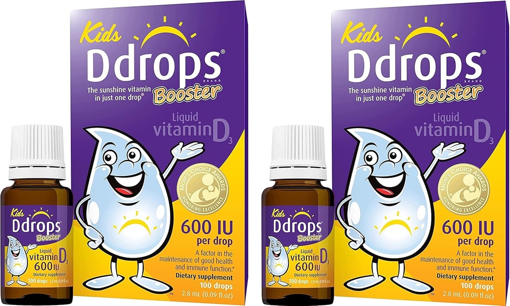 Ddrops Kids Booster 600IU 100 Drops - Daily Liquid Vitamin D for Kids. Support Strong Bones & Immune System in Children. No Preservatives, No Sugar, Non-GMO, Allergy-Friendly (Pack of 2)