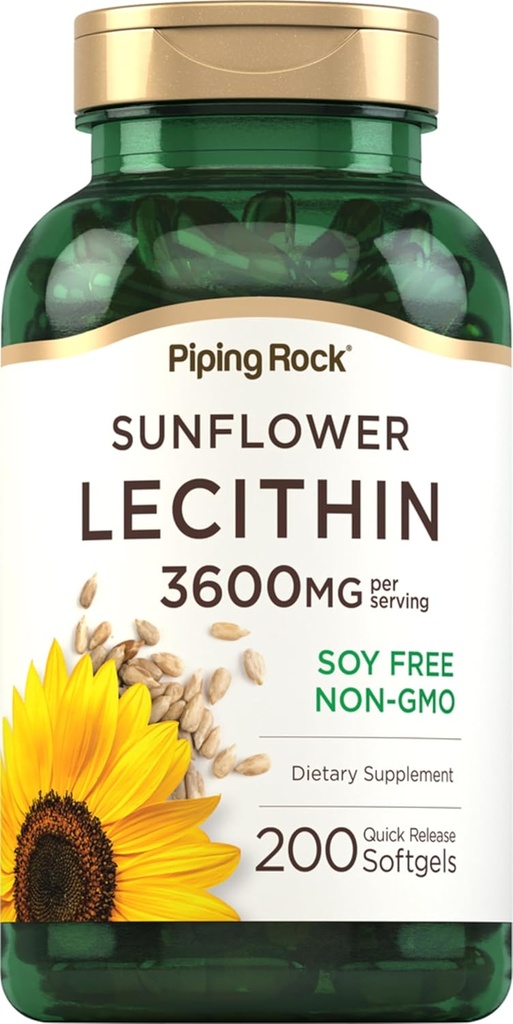 Piping Rock Sunflower Lecithin Softgel Capsules | 3600 mg | 200 Count | from Phosphatidylcholine | Soy Free, Non-GMO, Gluten Free