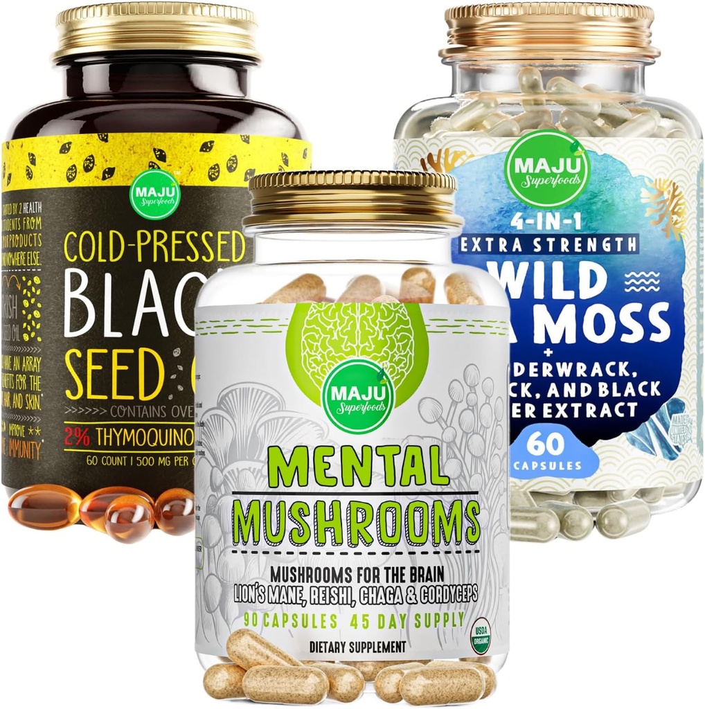 Maju Superfoods Mental Mushrooms, Black Seed Oil, and Sea Moss Capsules Bundle